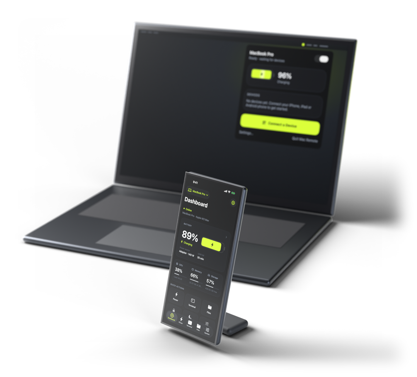A graphite laptop showing the Mac Remote menu bar window, with a phone in front showing the Mac Remote dashboard and the Mac's battery level.