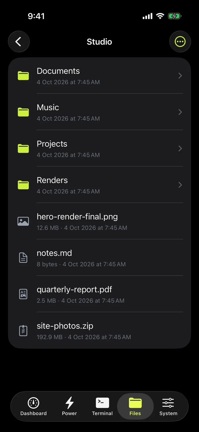 The Mac Remote file browser on iPhone listing folders and files in a folder named Studio.
