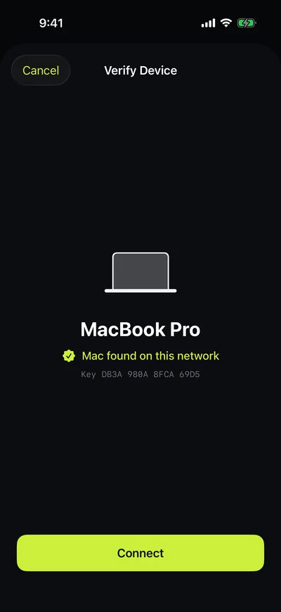 The phone confirming it found the Mac and showing the Mac's key fingerprint.