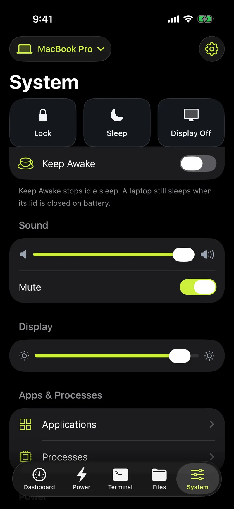 The Mac Remote System screen on iPhone with lock, sleep, volume and brightness controls.