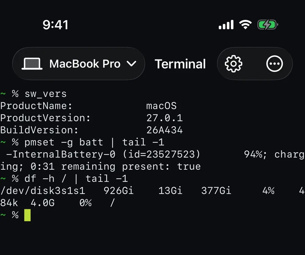 The Mac Remote terminal on iPhone showing sw_vers, battery status from pmset and disk usage from df, run on the Mac.